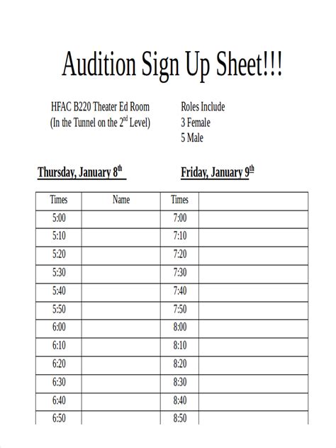 casting sheet metal|audition sign up sheet template.